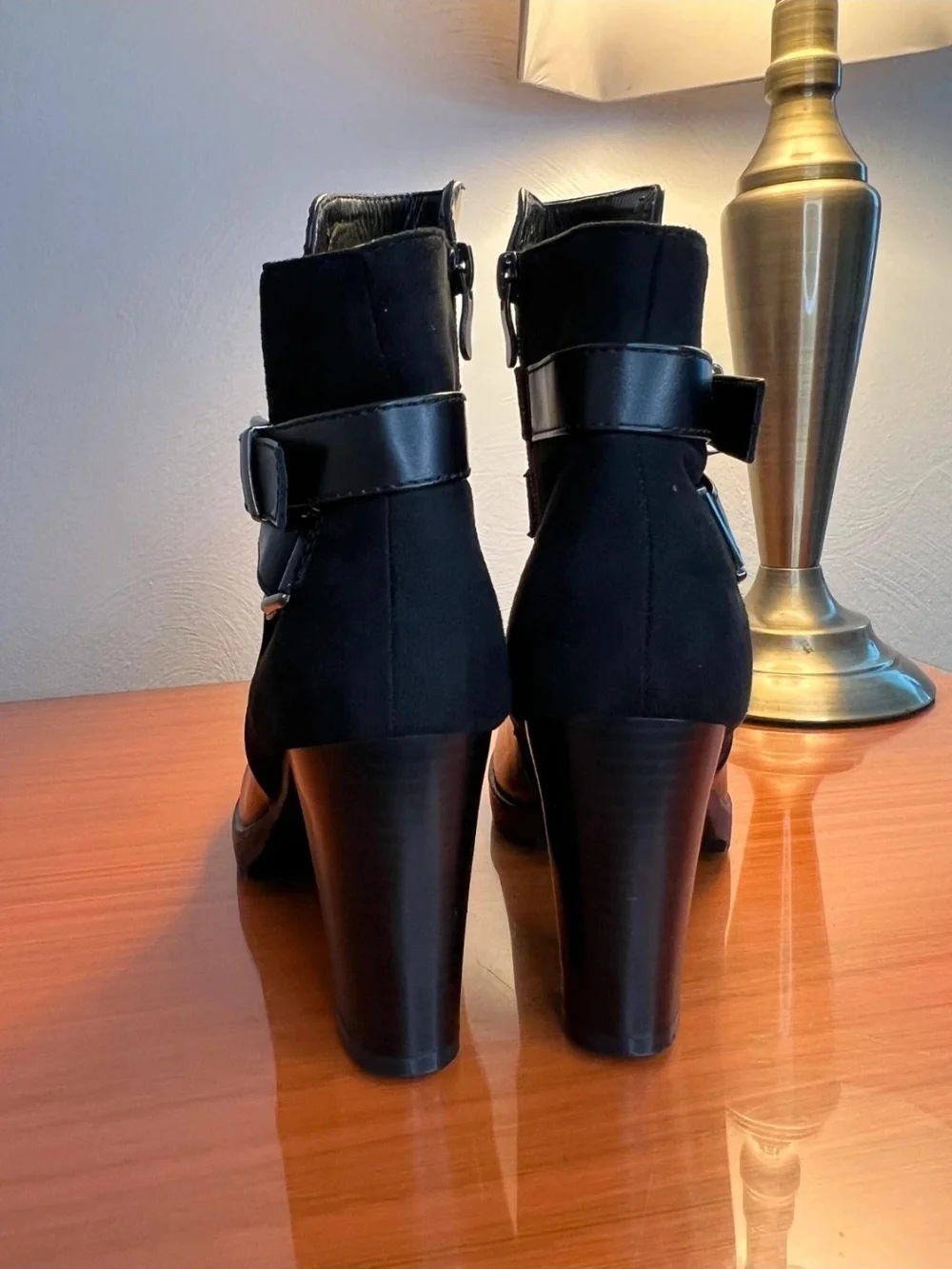 Black Women's High Heel Ankle Boot with Buckle Strap